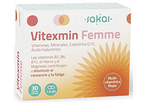 Sakai - Vitexmin Femme Complejo Multivitamínico ideal para la Mujer. Vitaminas, Minerales, Coenzima Q10 y Ácido Hialurónico. Energía, Belleza, Bienestar, Vitalidad y Salud Femenina