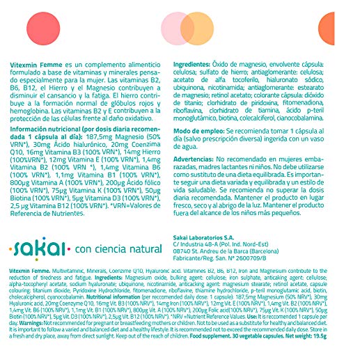 Sakai - Vitexmin Femme Complejo Multivitamínico ideal para la Mujer. Vitaminas, Minerales, Coenzima Q10 y Ácido Hialurónico. Energía, Belleza, Bienestar, Vitalidad y Salud Femenina