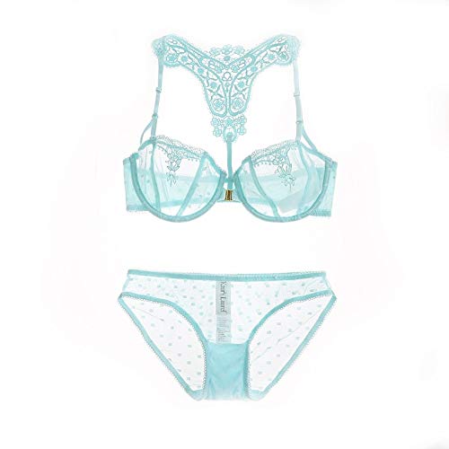 sakkdaull Encaje Bordado Frente Hebilla sección Delgada Conjunto Ropa Interior de Mujer Ultrafina Azul Claro 70C