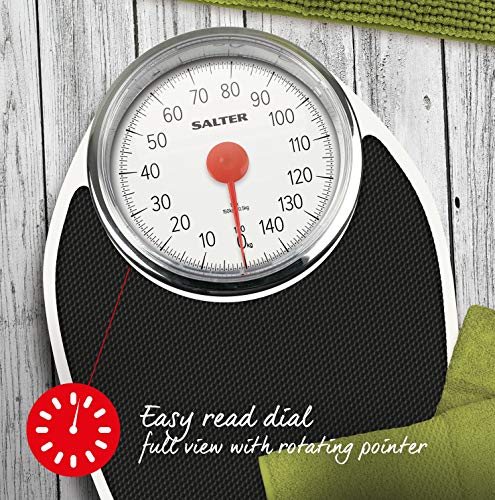 Salter Doctor’s Style Báscula Mecánica de Baño, Balanza Clásica Retro Blanca y Negra, Visor Analógico Fácil de Leer, Plataforma de Metal Resistente, Pesa Hasta 150 Kg, Sin botones ni Pilas