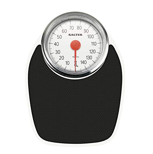 Salter Doctor’s Style Báscula Mecánica de Baño, Balanza Clásica Retro Blanca y Negra, Visor Analógico Fácil de Leer, Plataforma de Metal Resistente, Pesa Hasta 150 Kg, Sin botones ni Pilas