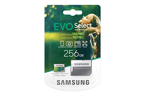 Samsung EVO Select 256 GB microSD 100 MB/s, Velocidad, Full HD & 4K UHD, Tarjeta de Memoria Incluye Adaptador SD para Smartphone, Tablet, cámara de acción, dron y portátil