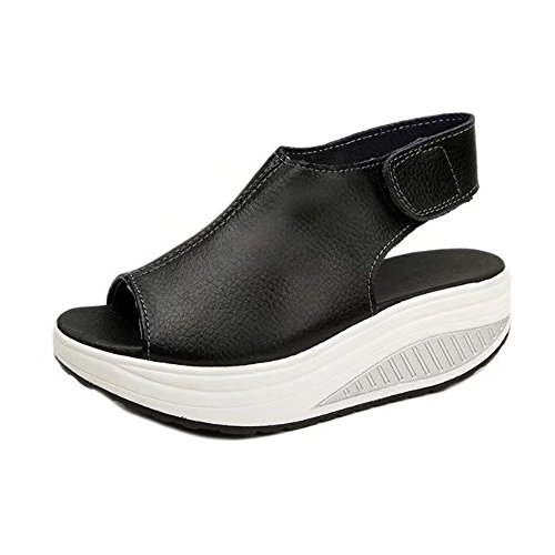 Sandalias Mujer Wedge Tacon Alto 2019 Verano Romana Playa Fiesta Cómodos Zapato Bohemia Calzado Elegantes Gladiador Sandal ZOELOVE Velcro Pescado Boca Plataforma Espeso Fondo Esponja/Black,43