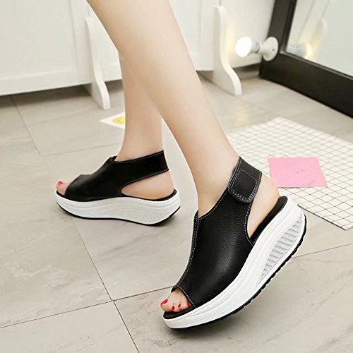 Sandalias Mujer Wedge Tacon Alto 2019 Verano Romana Playa Fiesta Cómodos Zapato Bohemia Calzado Elegantes Gladiador Sandal ZOELOVE Velcro Pescado Boca Plataforma Espeso Fondo Esponja/Black,43