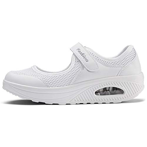 Sandalias para Mujer Malla Merceditas Plataforma Ligero Zapatillas Sneaker Mary Jane Casual Zapatos de Deporte Mocasines Negros Verano A-Blanco-2 EU38