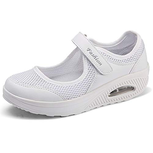 Sandalias para Mujer Malla Merceditas Plataforma Ligero Zapatillas Sneaker Mary Jane Casual Zapatos de Deporte Mocasines Negros Verano A-Blanco-2 EU38