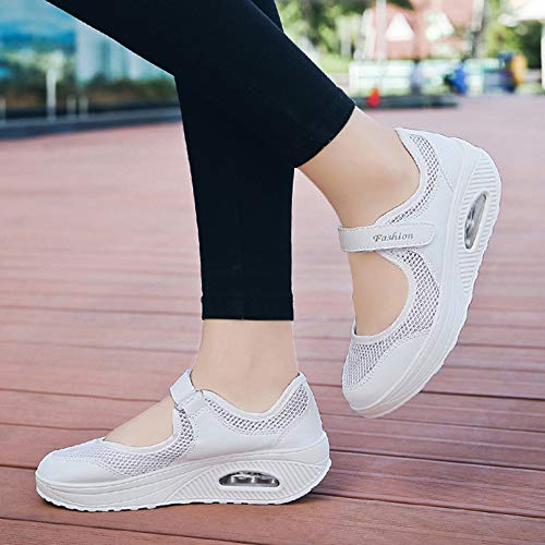 Sandalias para Mujer Malla Merceditas Plataforma Ligero Zapatillas Sneaker Mary Jane Casual Zapatos de Deporte Mocasines Negros Verano A-Blanco-2 EU38