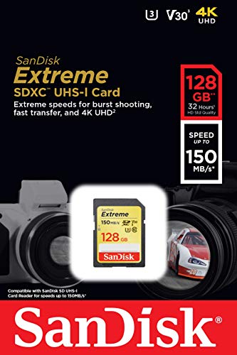 SanDisk Extreme 128GB SDXC Memory Card up to 150MB/s, Class 10, U3, V30