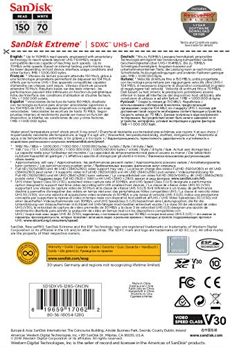 SanDisk Extreme 128GB SDXC Memory Card up to 150MB/s, Class 10, U3, V30