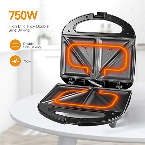 Sandwichera Electrica con Capacidad para 2 Sándwiches Tostados de 750W, Toast Acero Inoxidable Antiadherente 2 Sandwiches y 2 Indicadores Luminosos, Libre BPA, Negro con Asas de Cool Touch