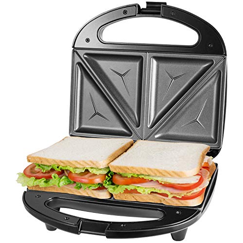 Sandwichera Electrica con Capacidad para 2 Sándwiches Tostados de 750W, Toast Acero Inoxidable Antiadherente 2 Sandwiches y 2 Indicadores Luminosos, Libre BPA, Negro con Asas de Cool Touch
