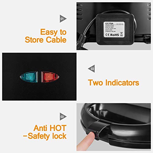 Sandwichera Electrica con Capacidad para 2 Sándwiches Tostados de 750W, Toast Acero Inoxidable Antiadherente 2 Sandwiches y 2 Indicadores Luminosos, Libre BPA, Negro con Asas de Cool Touch