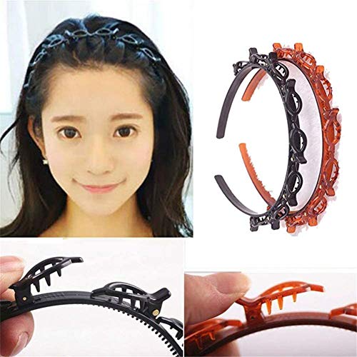 saonan 2Pcs Double Bangs Hairstyle Hairpin, Bangs Braid Headband Hair Styling Barrettes Clips, Women's Hair Hoop Band Headband with Tooth Hair Braid Tool Twist Clip Send Two Hairpins (Black+Brown)
