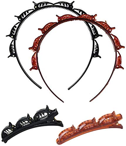 saonan 2Pcs Double Bangs Hairstyle Hairpin, Bangs Braid Headband Hair Styling Barrettes Clips, Women's Hair Hoop Band Headband with Tooth Hair Braid Tool Twist Clip Send Two Hairpins (Black+Brown)