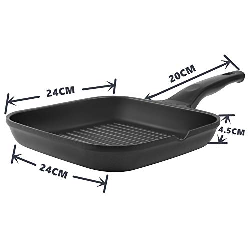Sartén de Aluminio Antiadherente para Freír, OZAVO Grill Asador Cuadrado con Rayas Aluminio Fundido Antiadherente Titanio, para Todo Tipo de Fuegos Incluso Inducción, sin PFOA (24x24x4.5cm)
