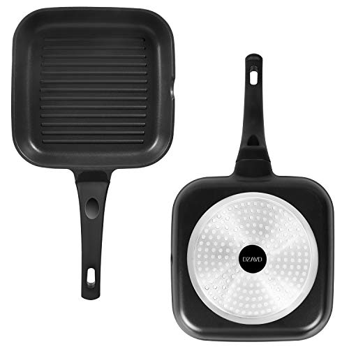 Sartén de Aluminio Antiadherente para Freír, OZAVO Grill Asador Cuadrado con Rayas Aluminio Fundido Antiadherente Titanio, para Todo Tipo de Fuegos Incluso Inducción, sin PFOA (24x24x4.5cm)