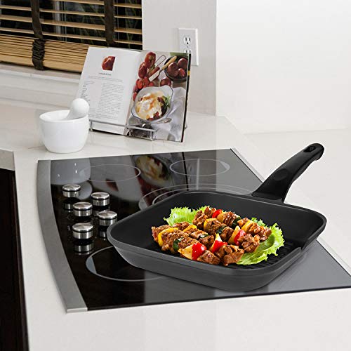 Sartén de Aluminio Antiadherente para Freír, OZAVO Grill Asador Cuadrado con Rayas Aluminio Fundido Antiadherente Titanio, para Todo Tipo de Fuegos Incluso Inducción, sin PFOA (24x24x4.5cm)