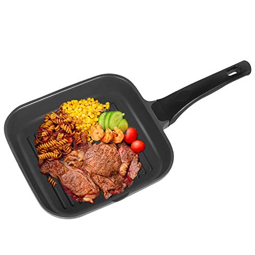 Sartén de Aluminio Antiadherente para Freír, OZAVO Grill Asador Cuadrado con Rayas Aluminio Fundido Antiadherente Titanio, para Todo Tipo de Fuegos Incluso Inducción, sin PFOA (24x24x4.5cm)
