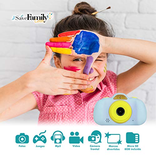 SaveFamilyCam. Cámara de Fotos para Niños. Cámara de vídeo para niños. Cámara Digital SaveFamily Infantil. Gratis Tarjeta SD. Marca española. Incluye Modo Selfie, Stickers, Juegos y MP3. (Azul)