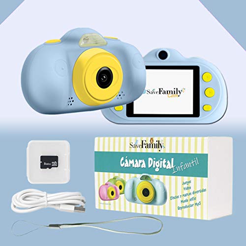 SaveFamilyCam. Cámara de Fotos para Niños. Cámara de vídeo para niños. Cámara Digital SaveFamily Infantil. Gratis Tarjeta SD. Marca española. Incluye Modo Selfie, Stickers, Juegos y MP3. (Azul)