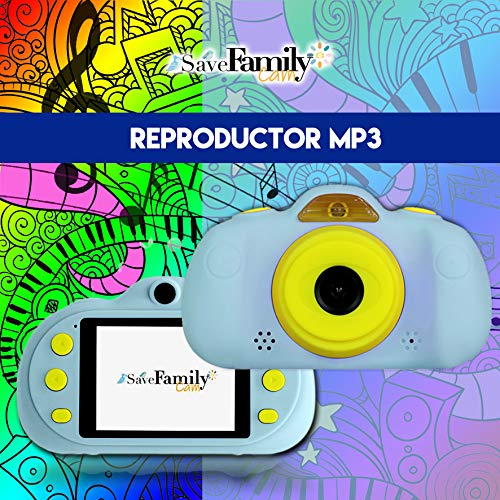 SaveFamilyCam. Cámara de Fotos para Niños. Cámara de vídeo para niños. Cámara Digital SaveFamily Infantil. Gratis Tarjeta SD. Marca española. Incluye Modo Selfie, Stickers, Juegos y MP3. (Azul)