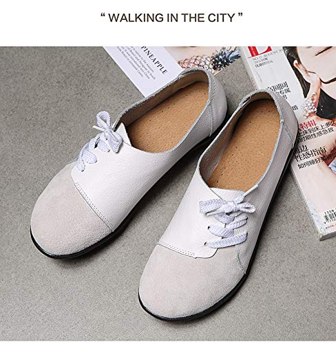 Scarpe Basse Donna,vintage Original Ronda Casual Empalme Puntera Cerrada Lace Up Cómodo Y Suave Cuero Natural mocasines Con Suela De Goma Suave Barco Zapatos Zapatos Planos Exteriores Damas De Blan