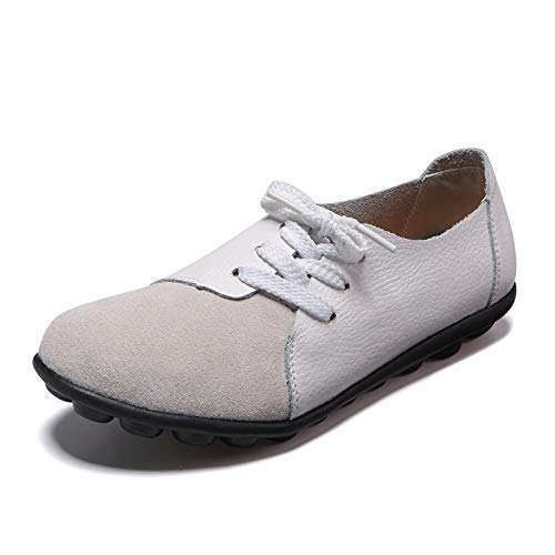 Scarpe Basse Donna,vintage Original Ronda Casual Empalme Puntera Cerrada Lace Up Cómodo Y Suave Cuero Natural mocasines Con Suela De Goma Suave Barco Zapatos Zapatos Planos Exteriores Damas De Blan