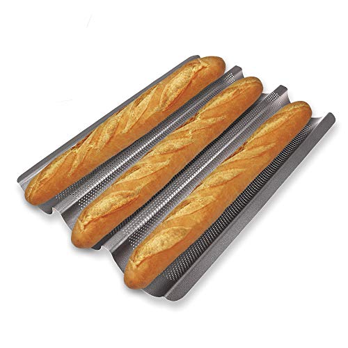 Schramm® Bandeja para baguettes con revestimiento antiadherente para 3 baguettes 38,5 x 28,5 cm Lata de baguettes Bandeja de horneado para baguettes Bandeja de horneado para pan