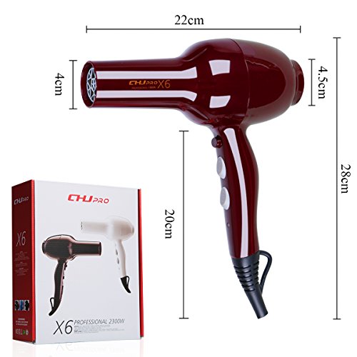 Secador de Pelo Profesional Secador Profesional con Función Iónico Cerámica, Motor AC de 2300W, 2 Boquillas Concentradoras y Difusor, 2 Velocidades y 3 Temperaturas, Color Rojo.