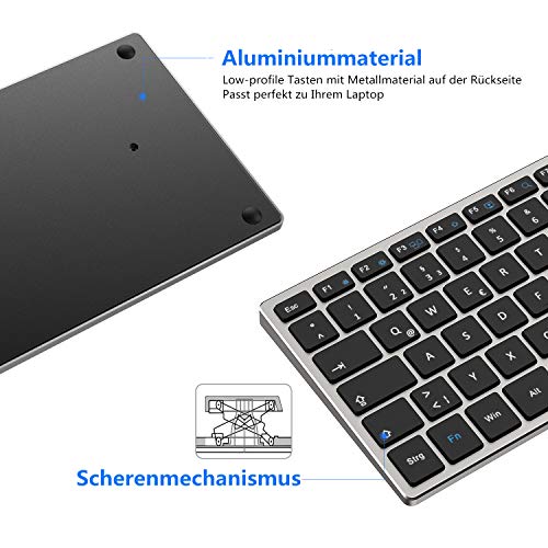 Seenda - Teclado Bluetooth con 4 canales Bluetooth, ultrafino recargable, de aluminio, teclado inalámbrico QWERTZ de tamaño completo para Windows PC/portátil/teléfono móvil/tablet