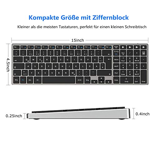 Seenda - Teclado Bluetooth con 4 canales Bluetooth, ultrafino recargable, de aluminio, teclado inalámbrico QWERTZ de tamaño completo para Windows PC/portátil/teléfono móvil/tablet