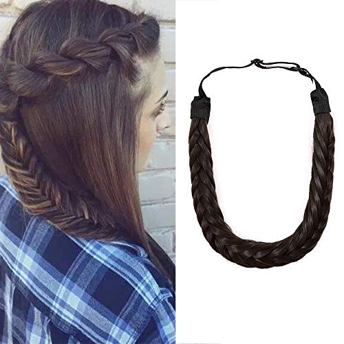 SEGO Extensiones de Cabello Diadema Trenza Elástica Mujer Pelo Sintético Se Ve Natural Accesorios Fishtail Braid Hair Headband Fluffy [Castaño Oscuro]