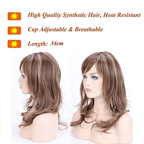 SEGO Pelucas Castañas con Mechas Rubias Mujer Largas Rizadas Pelo Sintético Se Ve Natural Ondulada para Anime Disfraces Fiesta Cosplay Halloween Synthetic Wig for Women (34cm)