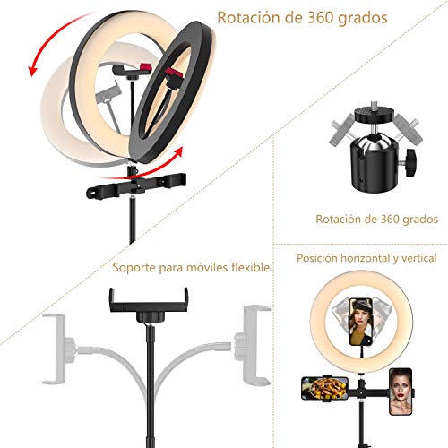 Selvim Luz de Anillo 10'' con 2 Trípodes, Aro de luz LED 190 cm Regulable, 3 Soportes para móvil, Control Remoto Bluetooth, 128 Bombillas 3 Modos 10 Brillos, para Maquillaje Selfie Fotografía Tik Tok