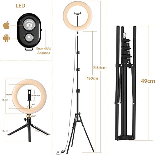 Selvim Luz de Anillo 10'' con 2 Trípodes, Aro de luz LED 190 cm Regulable, 3 Soportes para móvil, Control Remoto Bluetooth, 128 Bombillas 3 Modos 10 Brillos, para Maquillaje Selfie Fotografía Tik Tok