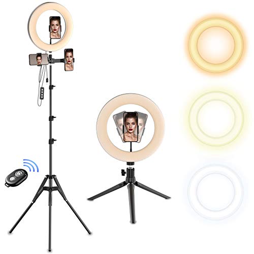 Selvim Luz de Anillo 10'' con 2 Trípodes, Aro de luz LED 190 cm Regulable, 3 Soportes para móvil, Control Remoto Bluetooth, 128 Bombillas 3 Modos 10 Brillos, para Maquillaje Selfie Fotografía Tik Tok