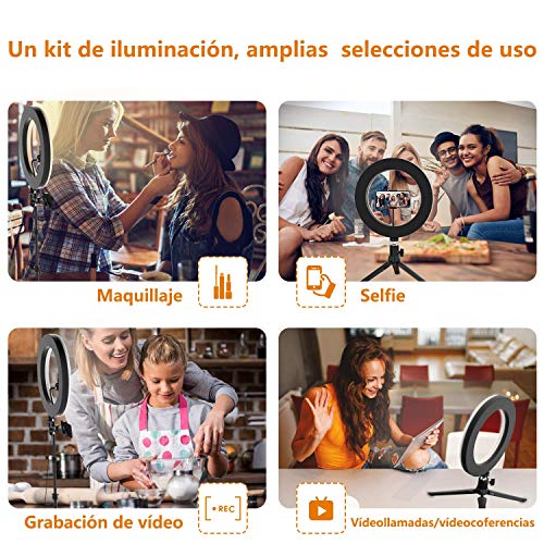 Selvim Luz de Anillo 10'' con 2 Trípodes, Aro de luz LED 190 cm Regulable, 3 Soportes para móvil, Control Remoto Bluetooth, 128 Bombillas 3 Modos 10 Brillos, para Maquillaje Selfie Fotografía Tik Tok