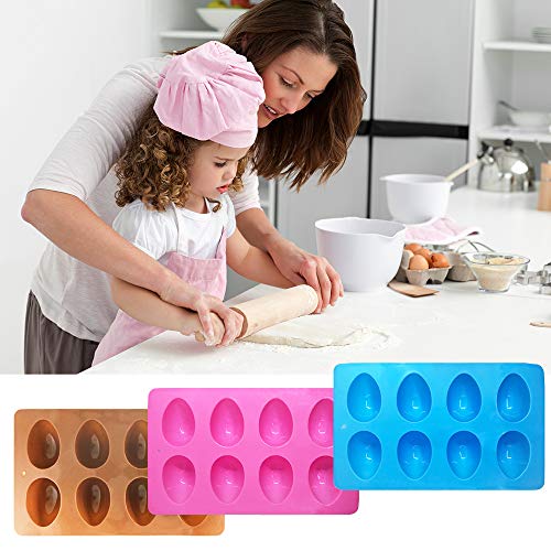 SENHAI 3 moldes de silicona en forma de huevo, 8 cavidades de grado alimenticio para decoración de tartas, chocolate, pastelería, pan, cubitos de hielo, jabón, rosa, azul, marrón