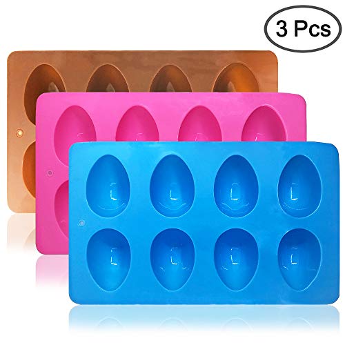 SENHAI 3 moldes de silicona en forma de huevo, 8 cavidades de grado alimenticio para decoración de tartas, chocolate, pastelería, pan, cubitos de hielo, jabón, rosa, azul, marrón