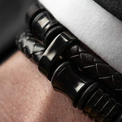 SERASAR 23cm Negro Pulsera de Cuero Hombre Chico Pulseras Hombres Brazalete Brazaletes Pulso Muñequera Muñequeras Bisuteria Bisutería Joyeria Nudos Cuerda Cuerdas Bracelet Men Jewellery Unisex Ancha