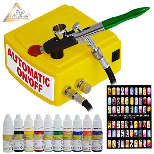Set AERÓGRAFO COMPRESOR - AIRBRUSH COMPRESOR CARRY I - con 10 COLORES AEROGRAFO y KIT PLANTILLAS AERÓGRAFO para uñas, PISTOLA AERÓGRAFO UNIVERSAL Kit con boquilla/aguja de 0,3mm, ideal para nail art