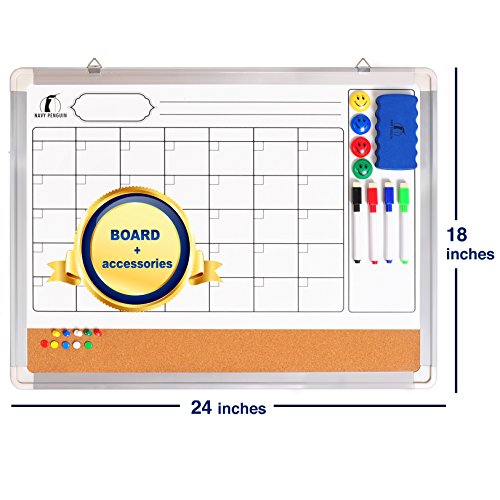 Set Calendario de Pizarra Blanca/Tablero de Corcho - Calendario de Pared Mensual de 60 x 45 cm + 1 Borrador Magnético, 4 Rotuladores Borrado en Seco, 4 Imanes y 10 Chinchetas