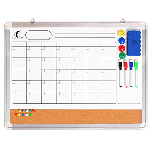 Set Calendario de Pizarra Blanca/Tablero de Corcho - Calendario de Pared Mensual de 60 x 45 cm + 1 Borrador Magnético, 4 Rotuladores Borrado en Seco, 4 Imanes y 10 Chinchetas