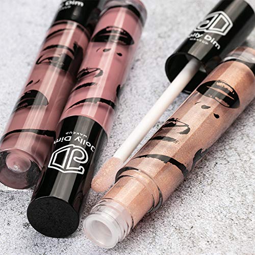 Set de brillo de labios Jolly Dim Makeup indispensable. Peachy Pink. Smoky Brown. Gold Glitter. Pack de 3 con 3 colores. Non-sticky