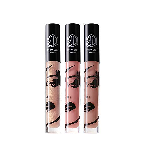 Set de brillo de labios Jolly Dim Makeup indispensable. Peachy Pink. Smoky Brown. Gold Glitter. Pack de 3 con 3 colores. Non-sticky