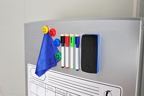 Set de Calendario Magnético Mensual - Grande Planificador Pizarra Blanca 43x33cm + 2 Listas de Compras + 1 Borrador, 1 Paño, 4 Rotuladores, 4 Imanes - Agenda Organizador para Nevera