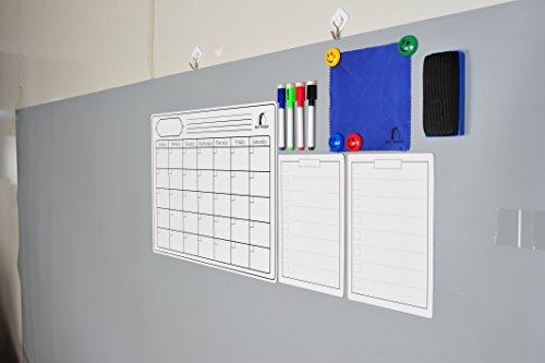 Set de Calendario Magnético Mensual - Grande Planificador Pizarra Blanca 43x33cm + 2 Listas de Compras + 1 Borrador, 1 Paño, 4 Rotuladores, 4 Imanes - Agenda Organizador para Nevera