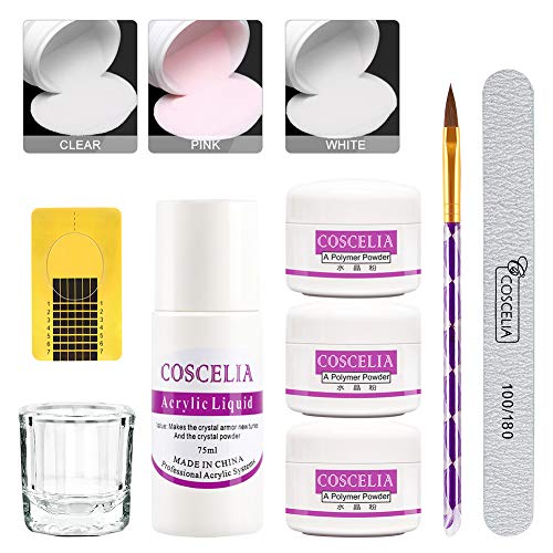 Set de Manicura de Polvo Decoracion de Uñas Polvo Transparente Blanco Rosa Líquida 75ml Accesorios Pincel Limas de Uñas