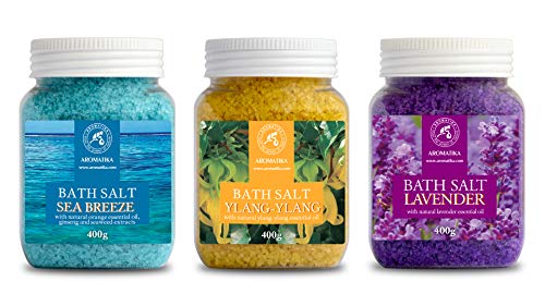 Set Sales de Baño 3x400g con Aceite 100% Natural Lavender - Ylang-Ylang - Sea Breeze - Mejor para Buen Sueño - Alivio del Estrés - Baño - Cuidado Corporal - Bienestar - Belleza - Relajación - Spa