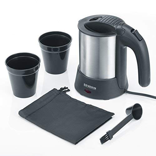 SEVERIN Juego de Hervidor de Viaje, 0,5 L, Incl. 2 Tazas de Plástico, Cuchara y Bolsa de viaje, 1000 W aprox., WK 3646, Acero Inoxidable/Negro